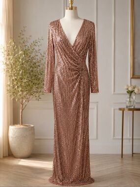 Alex Marie Rose Gold Sequin Long-Sleeve Gown